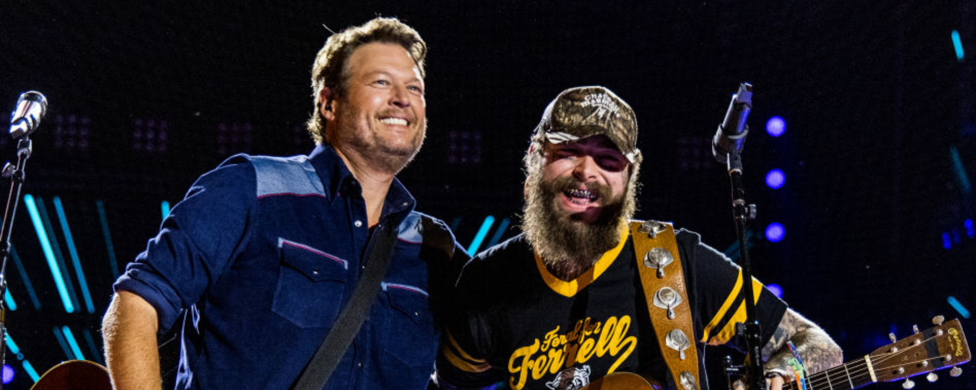NASHVILLE, TENNESSEE - JUNE 06: (L-R) Blake Shelton and Post Malone perform onstage during night one of The 51st CMA Fest at Nissan Stadium on June 06, 2024 in Nashville, Tennessee. (Photo by John Shearer/Getty Images for CMA)